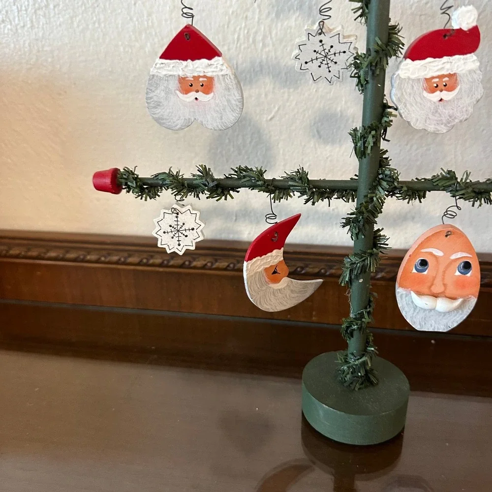 Vintage Wooden Christmas Feather Tree Tabletop Display with Santa Ornaments 17''